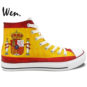 Wen Pictată de Mână și Pantofi de Panza Design Personalizat Spania Flag Bărbați Femei Panza Mare de Top Adidași pentru Cadouri de Crăciun