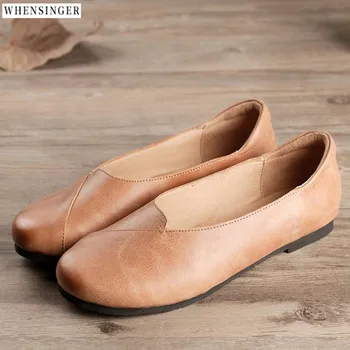 Whensinger - Vintage Elegant pentru Femei de Moda Pantofi Plat mocasini Piele naturala Casual Superficial gura Apartamente de Pantofi