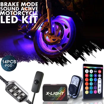 X-LIGHT Motocicleta LED-uri Strălucire Kit de Iluminat Toate-Culori Corp Șasiu Lumina de Neon 14 Capsule cu Comutatorul de Alimentare / Muzica Activă / de Frână M