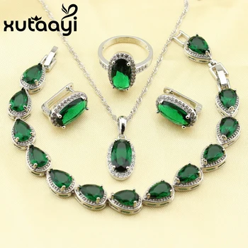 XUTAAYI Elegant Verde Creat de Smarald 4BUC Set Bijuterii Argint 925 Cercei Inel Colier Pandantiv Brățară Made In China