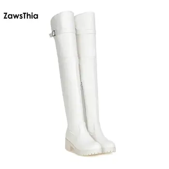 ZawsThia rotund toe echitatie ecvestru PU pantofi de damă cu cataramă albă cizme pentru femei cu toc mic genunchi-cizme înalte de mari dimensiuni 40 41