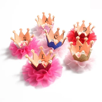120pcs/lot 6colors Nou-născut 3D Simțit Copii Coroana+Plasă de Flori Pentru Fete Accesorii de Par Sclipici Simțit Coroana Pentru Prima Pălărie de Ziua de nastere