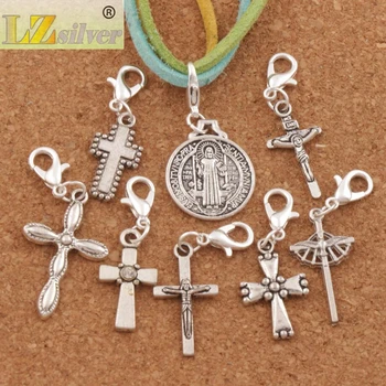 160ps 8styles argint Antic Saint Benedict Medalie Crucifix Cross Incuietoare Europene Homar Declanșa Clip Pe Farmecul Margele CM50