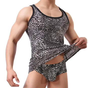 2 BUC/Set Vesta & Underwrar Bărbați Sexy Sleepwear Set Leopard Vesta Topuri Rezervor de Top Strălucitor Cămașă fără Mâneci Topuri Tricou Barbati Maieu