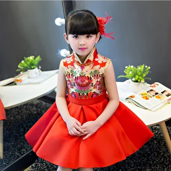 2017 Fete Noi Chinez Qipao Printesa De Imprimare Rochie De Vară Fără Mâneci Roșii Nunta Petrecere De Ziua Cheongsam Rochii Pentru Copii
