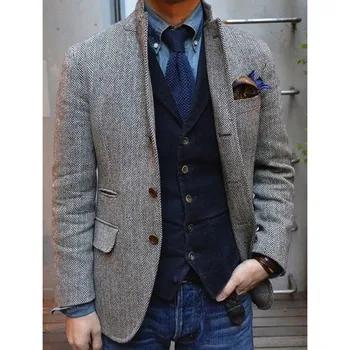 2017 Gri Spic Tweed Jachete Tuxedo Britanic Bărbați Costum Slim Fit Barbati Sacou haina gri sacou de Nunta Personalizate pentru bărbați Costume Pentru Bărbați