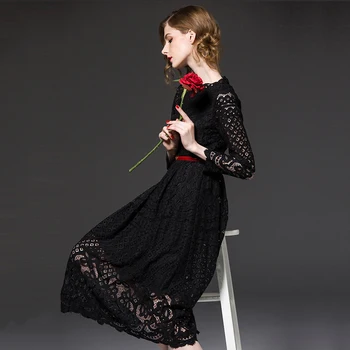 2017 Moda Negru Gol Afară Floral Dantelă Plus Dimensiune Rochie de Vara Femei Destul Mâneci Lungi Rochii de Partid vestido de festa