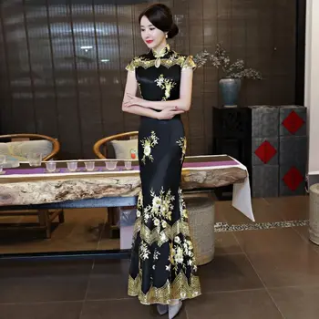 2017 Negru Cheongsam Mult Qipao Broderie Rochie Vintage Tradițională Chineză Haine Pentru Femei Dantelă Coadă De Pește Qi Pao Oriental