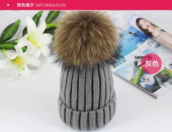 2017 Nou 15 cm Detașabil de blană adevărată pompon hairball elastice tricotate pălărie de iarnă chelioși căciuli cald pălării pentru femei, Adolescenti capace de blană