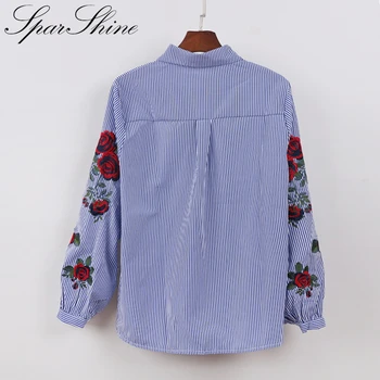 2017 Nou Blusas Rose Floare Broderie Cu Dungi, Bluze Femei Cu Maneca Lunga Bluza Casual De Bumbac Bluze Si Topuri Tricouri Munca De Birou