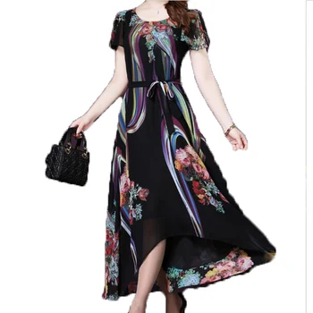2017 vara noi cu mânecă scurtă de imprimare șifon rochie de mari dimensiuni moda temperament Femei O Gât Vrac rochie lunga LU105
