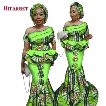 2018 Bazin Riche African Print Kanga Îmbrăcăminte 2 Bucata Set cu Headtie Femei Africane Crop Top Lung Fusta Sirena Set WY2526