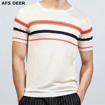 2018 Mascul Nou T-shirt O de gât tricotate de vara scurte cu dungi Rece respirabil scurte T shirt pentru bărbați îmbrăcăminte de brand om Silm montate