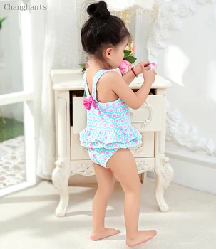 2018 noi modele copil fete de costume de baie copil costume de baie o piesă mică, albastră, cu flori mici roz de imprimare și drăguț arc sw0824