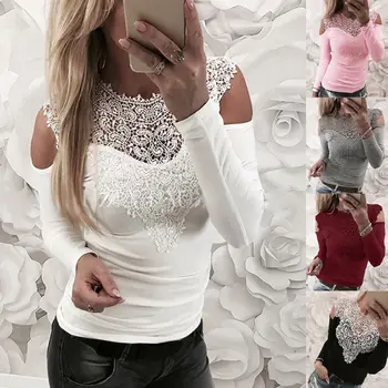 2018 Nou Brand De Moda Pentru Femei Longleeve Tricou Dantelă Mozaic Slim Top Casual Camasa De Pe Umăr Top Casual Tricou Haine