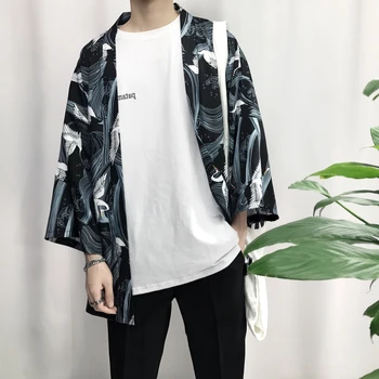 2018 nou stil japonez barbati maneca trei sferturi bumbac și lenjerie de streetwear kimono Hip Hop Casual Sacou Îmbrăcăminte exterioară