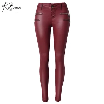 2018 Pantaloni Femei PU Piele Pantaloni cu Talie Înaltă Jambiere Slim Elasticitatea Roșie, pantaloni de Piele Pentru Femei Pantalon Femme Blugi Skinny