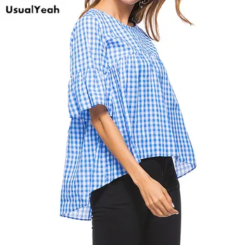 2018 UsualYeah Stil Simplu Femei din Bumbac Jumătate maneca Topuri Largi Casual de Vara Fata Spate Scurt Timp Mujer Bluza Albastru S M L XL