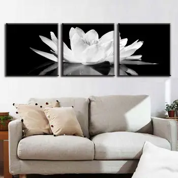 3 Bucati/set Panza de Imprimare de Flori de Lotus Alb În Negru, Arta de Perete Poza cu Perete Moderne Picturi Modulare imagine (fara rama)