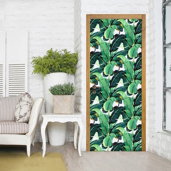 3D Ușa Autocolant PVC autoadezive Murală Ploaie Pădure Verde Frunze de Banane Fotografie Tapet Creative Living, Dormitor cu Usa Autocolant