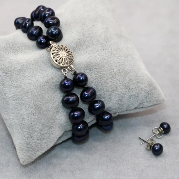 7-8mm natural black pearl margele 2 randuri de bratari cercei pentru femei, cadouri de preț en-gros de înaltă calitate set de bijuterii de 7.5 inch B3024