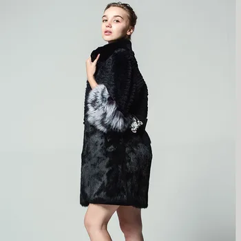 Adevărata haină de blană de iepure dungi Moda fox manșetă Cu curea Buzunar haine de Blană de iarna femeie rusă 5XL șapte punctul manșon haina
