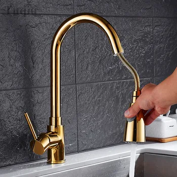 Alamă bucătărie Nichel/aur/negru/chrome rece și apă caldă de la robinet chiuveta de bucatarie robinete, robinet mixer cu trage în jos cap de duș