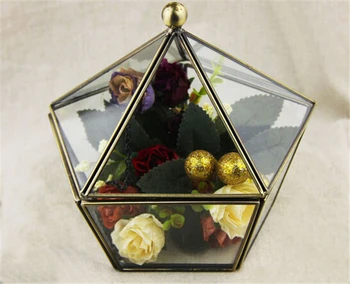Alamă și Cutie de Sticlă, în Formă de Pentagon Dom Capac, Bijuterii Vintage Caz, in Miniatura Terariu,Display Trinket Box, de Epocă, Decor Acasă