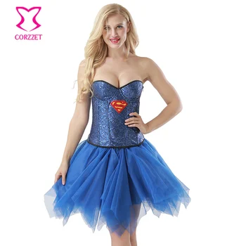 Albastru Cu Paiete Corset Supergirl Rochie Fancy Burlesc Superfemei Cosplay Femei Super-Erou Costum Halloween Costume Sexy Pentru Adulti