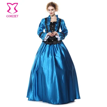 Albastru/Negru Satin Victorian Regina Gotic Rochie de Bal Petrecere de Carnaval Rochie de Cosplay Război Civil Victorian Costume de Halloween pentru Femei