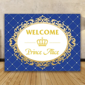 Allenjoy Fundal albastru Prințul Petrecere Copil de Dus Sclipici Aur Coroana de Ziua Invitație la Petrecere Masă Fundal