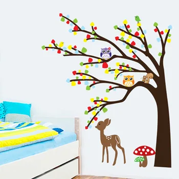 Animale Copac autocolante de perete pentru camera copii Cerb Bufnita Junglă sălbatică Copii de Perete Decal Pepinieră Decor Dormitor Poster Mural Decor Acasă