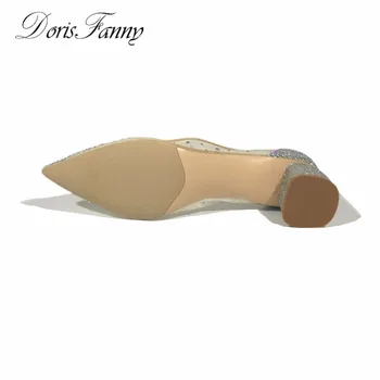 Argint pentru femei pantofi office lady 2017 sclipici vedea prin subliniat toe mediu scăzut toc gros femei pantofi pompe Dorisfanny