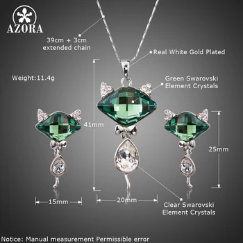 AZORA Cristal Verde Fox Pandantiv Seturi de Bijuterii Pentru Femei la Modă Stras Cercei Stud Aur Alb Colier de Lanț Seturi TG0239