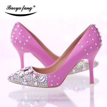 BaoYaFang culoare roz femei vara sandale subliniat toe glezna curea de cristal nunta pantofi Mireasa toc subțire rochie de petrecere pantof