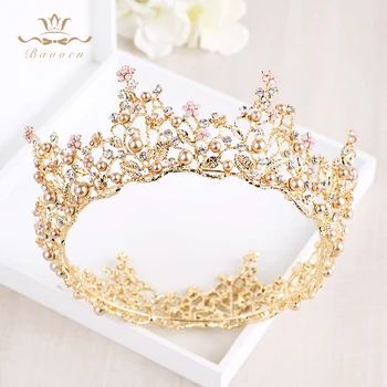 Bavoen Europeană Aur Baroc Rundă De Mirese, Tiara Coroana De Perle De Cristal Bentițe De Păr De Nunta Accessorieses