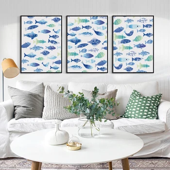 Bianche Peretele Nordic Minimalist Stil Albastru Și Verde Pește Mic A4 Pictura Panza Printuri Acasă Decorare Dormitor Murală