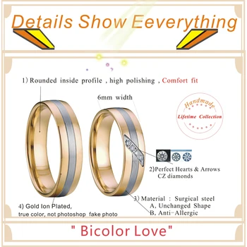 Bicolor Inele de Nunta pentru Femei și Bărbați de Argint/Aur Color Bijuterii din Oțel Inoxidabil Promit Trupa Inele de Cuplu