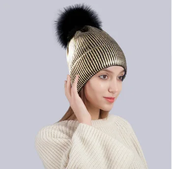 Bronz de aur și argint, cu pompon palaria pentru femei de iarnă blană de raton tricotat cald capace de pălării pentru femei chelioși capace balaclava beanie