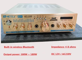 BT-1288 DC12V / AC220V 180W+180W 2.0 canal HIFI acasă de uz Casnic de muzică Bluetooth amplificator audio cu microfon USB SD palyer