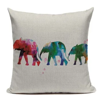 Bumbac moale India Și Pakistan Stil Acuarelă Elefant față de pernă 45Cmx45Cm Pătrat de Aniversare pentru Copii Decor Imprimat de Pernă