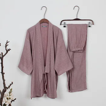 Bărbați Pijamale kimono din Bumbac Sleepwear Strat Dublu de Tifon Pijamale Barbati Lounge kimono Pijama Set Vrac dungă