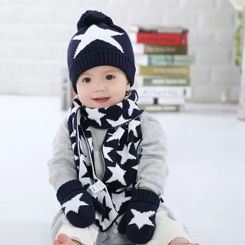 Cald iarna Copii Eșarfă, Pălărie, Mănuși Seturi Baieti Capace Tricotate Pom Poms Mingea Star Copii Îngro Caps Căciuli Manusi set