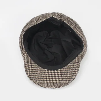 Capac de vânzător de ziare Toamna Iarna Negru model Carouri Berete, Pălării de Fetru Femei Vintage Octogonal Sapca Casquette Touca Negru vânzător de ziare Berete