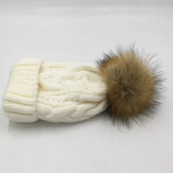 Care, în duș faux blana pom pom copii pălărie de iarnă gros căptușeală lână cald cablu tricotate capac beanie pentru copii băiat fată gorras