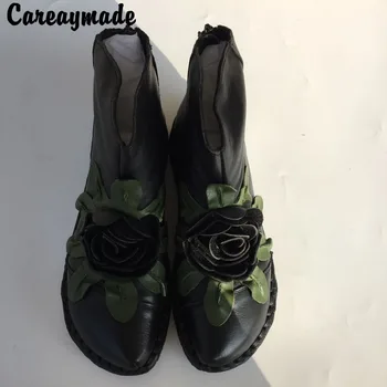 Careaymade-Cap strat de piele de vacă pur cizme lucrate manual,Flori Retro națiune stil femei Bumbac moale unic Cizme,Real pantofi de Piele