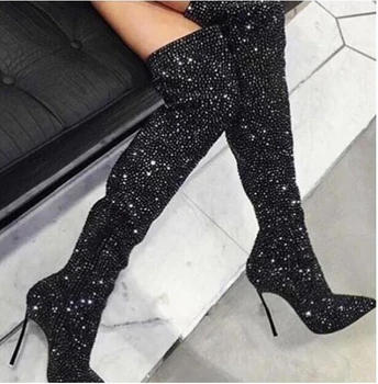 Chic Cristal Femei Lungi Cizme a Subliniat Toe Metal Subțire Pantofi cu Toc Peste genunchi cu Fermoar Sexy Grațios Încălțăminte Cizme Negre