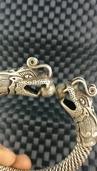 China a vechi argint Tibetan Sculptate două capete Dragon de Argint Brățară