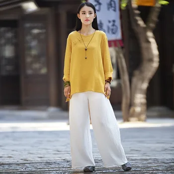 Chineză stil Vintage maneca Lunga Femei Bluza Tricou Toamna Noua Bumbac Tricou Casual Alb Solid design Original Bluza Topuri B144