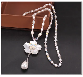 Coajă Elegant Coliere De Perle Handmade Floare Picătură De Apă Pandantiv Lung Lanț Pulover Colier Ciucure Margele De Cristal Lanț De Bijuterii